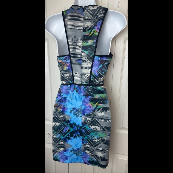 PARKER Tobias Halter Mini Dress Scuba Wrap Cut Out Blue Black Geometric Geo - Picture 6 of 11